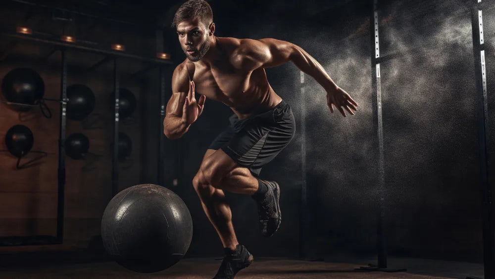 Homme faisant une seance HIIT dans un espace training crossfit avec une ambiance sombre et tamisé