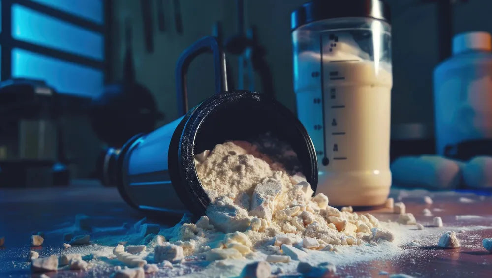 Un shaker de protéine renversé avec un blender remplis de protéine à coté dans une salle de sport remplis de diverses équipements