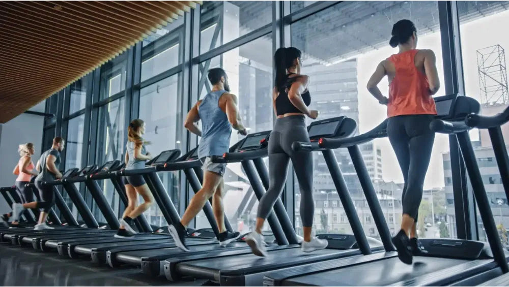 Hommes et Femmes dans une salle de sport, tous sur des machines type tapis de courses face à une grande baie vitré donnant sur la rue