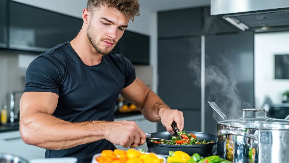 Homme musclé en train de cuisiner un plat healthy dans une cuisine moderne