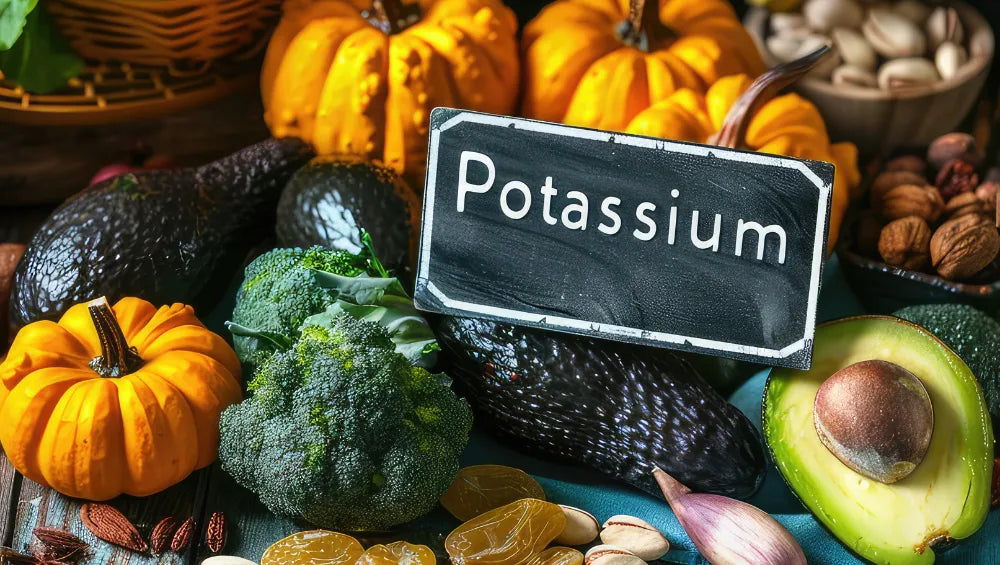 Ardoise ou il est écrit dessus à la craie "potassium" avec plusieurs fruits sec et légumes autours