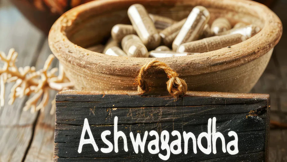 Une ardoise avec écrit dessus à la craie "ashwagandha" sur une table en bois, derrière un bol avec plusieurs capsule d'ashwagandha